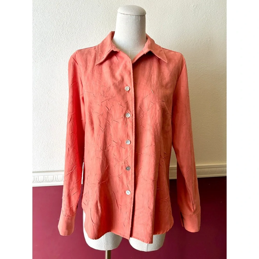 Coldwater Creek Coral Orange Crinkle Texture Button Up Top Women's Petite M Chic